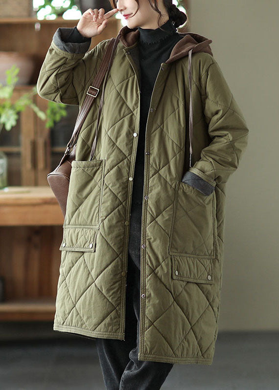 Army Green Pockets Button Thick Hooded Parka Long Sleeve