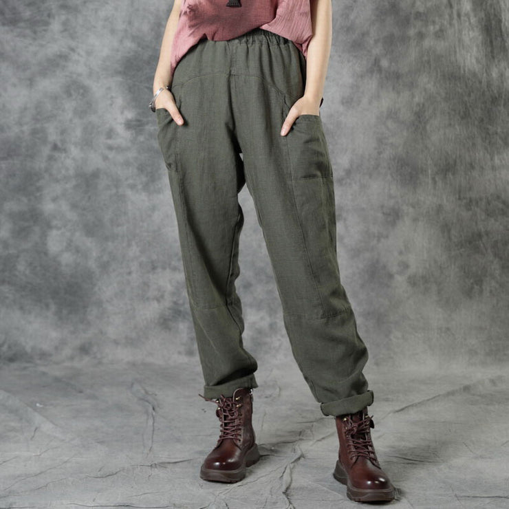 Army Green Pockets Patchwork Fall Straight Linen Pants