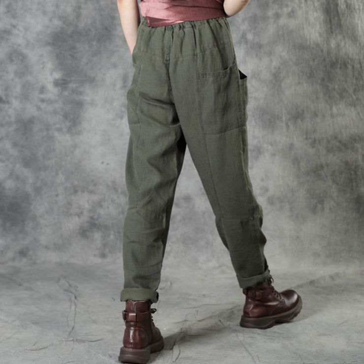 Army Green Pockets Patchwork Fall Straight Linen Pants