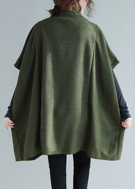 Army Green Pockets Patchwork Knit Sweaters Tops Hign Neck Fall