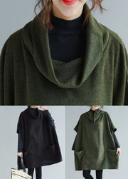 Army Green Pockets Patchwork Knit Sweaters Tops Hign Neck Fall