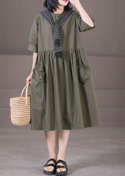 Army Green Sailor Collar Cotton Holiday Dresses Pockets Wrinkled Half Sleeve