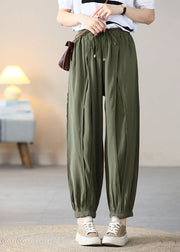 Army Green Solid Silk Crop Pants Elastic Waist Wrinkled Fall