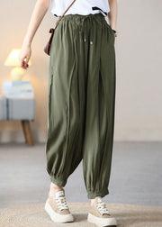 Army Green Solid Silk Crop Pants Elastic Waist Wrinkled Fall