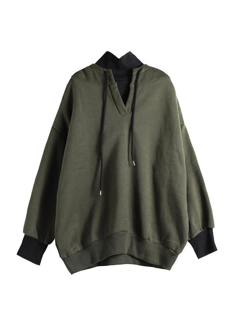 Army Green drawstring Casual Warm Fleece Sweatshirts Top Spring