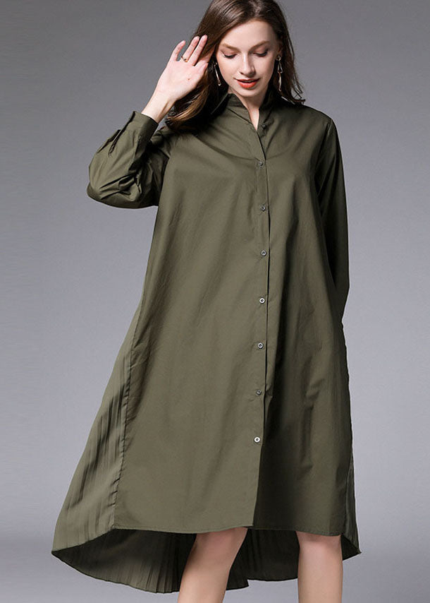 Armeegrün zerknitterte Baumwolle Urlaubshemden Kleider Peter Pan Kragen Frühling