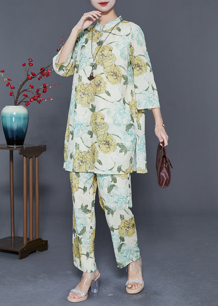 Art Apricot Oversized Floral Print Side Open Cotton Two Piece Set Outfits Summer