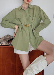 Art Army Green Wrinkled Patchwork Cotton Shirt Tops Spring