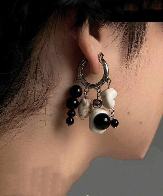 Art Beige Black Stainless Steel Agate Pearl Turquoise Drop Earrings