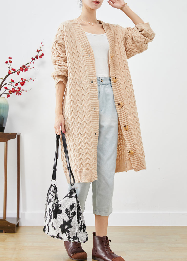 Art Beige Button Down Warm Cable Knit Loose Coat Fall