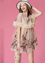 Art Beige Embroidered Ruffled Patchwork Organza Mini Dresses Short Sleeve
