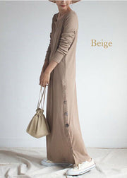 Art Beige O-Neck Oversized Side Open Knit Ankle Dress Spring