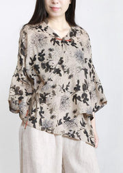 Art Beige Print Oriental Ramie Shirts Fall - SooLinen