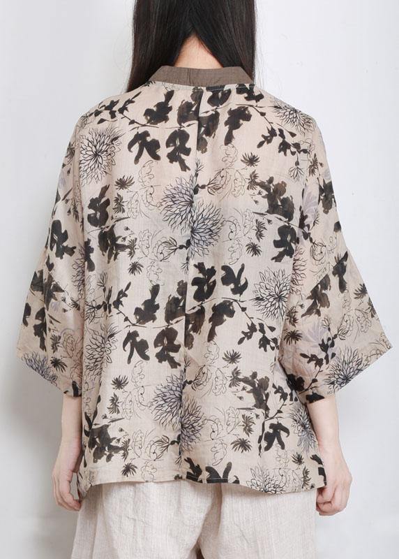 Art Beige Print Oriental Ramie Shirts Fall - SooLinen
