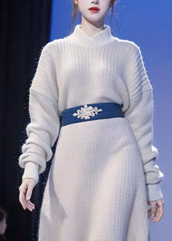 Art Beige Turtleneck Patchwork Cotton Knit Sweater Dress Long Sleeve