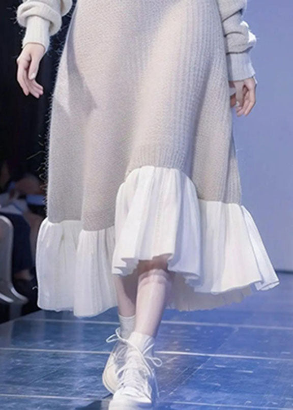 Art Beige Turtleneck Patchwork Cotton Knit Sweater Dress Long Sleeve