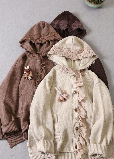 Art Beige hooded Button Pockets Fall Knit Sweaters Coat - SooLinen