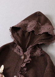 Art Beige hooded Button Pockets Fall Knit Sweaters Coat - SooLinen