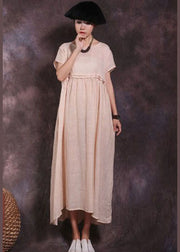 Art Beige wrinkled Patchwork Cotton Long Dress Short Sleeve