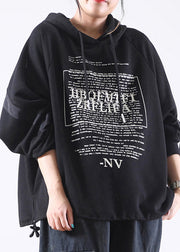 Art Black Alphabet Graphic Drawstring Side Open Kapuzen-Sweatshirts mit langen Ärmeln