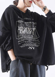 Art Black Alphabet Graphic Drawstring Side Open Hooded Sweatshirts Long Sleeve