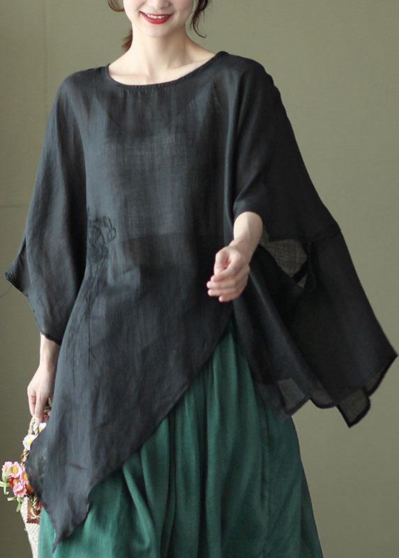 Art Black Asymmetrical Design Embroideried Summer Ramie Shirt Tops - SooLinen