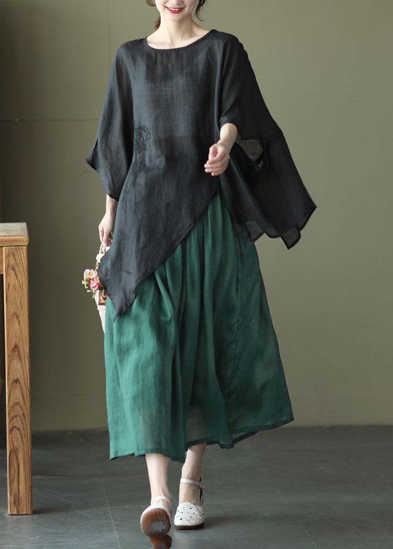 Art Black Asymmetrical Design Embroideried Summer Ramie Shirt Tops - SooLinen