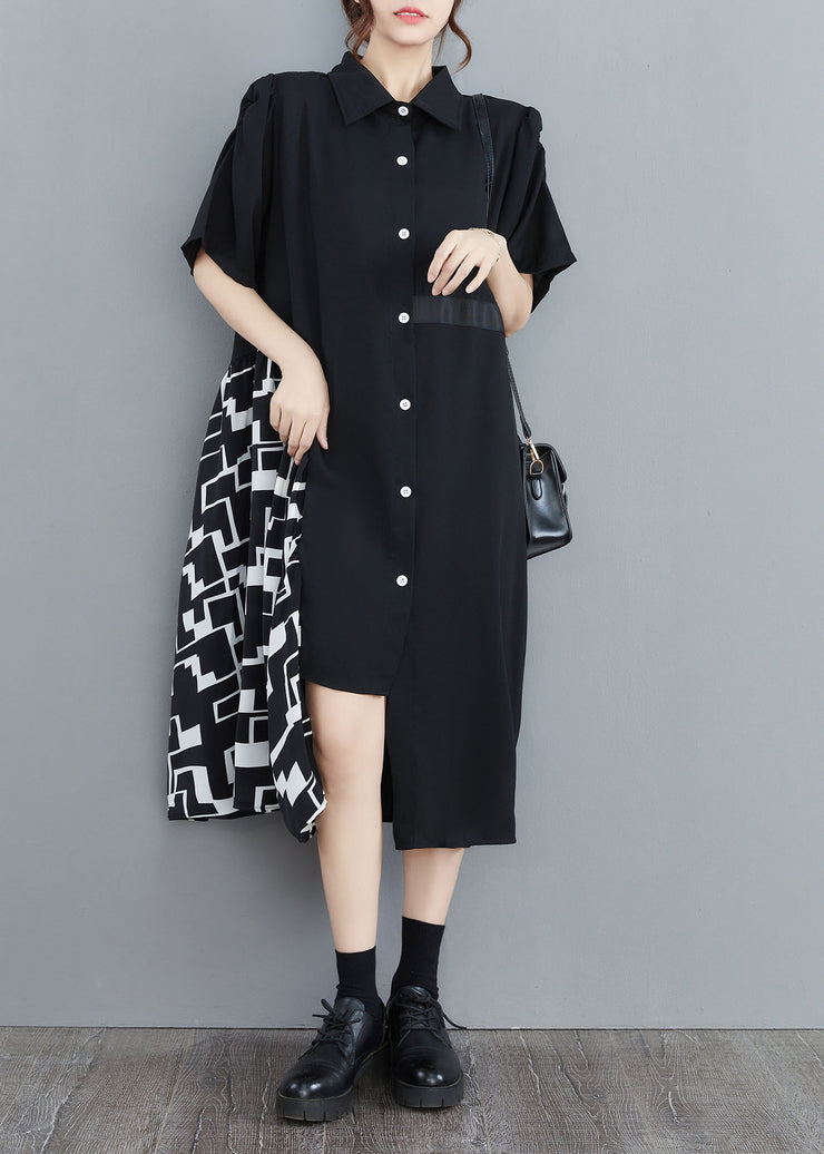 Art Black Asymmetrical Patchwork Cotton Shirt Dress Summer