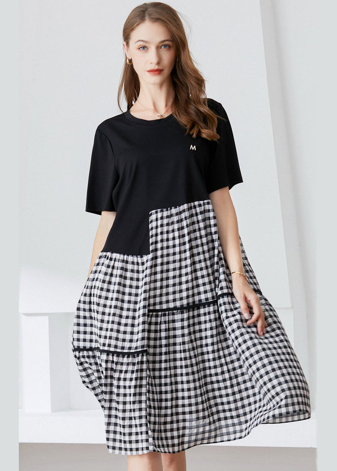 Art Black Asymmetrical Patchwork Plaid Cotton Dresses Summer
