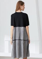 Art Black Asymmetrical Patchwork Plaid Cotton Dresses Summer