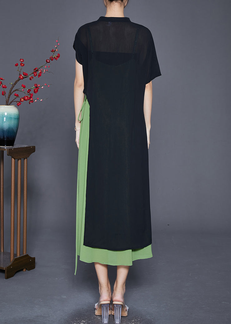 Art Black Asymmetrical Patchwork Ruffles Silk Fake Two Piece Dresses Summer