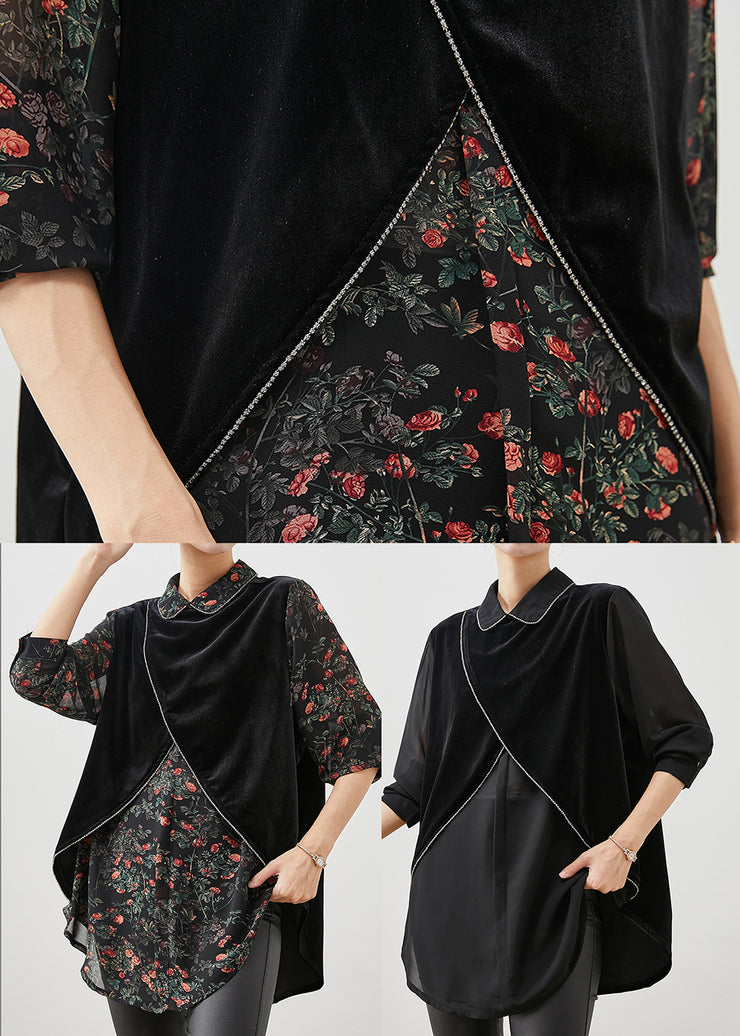 Art Black Asymmetrical Patchwork Silk Velour Blouses Spring