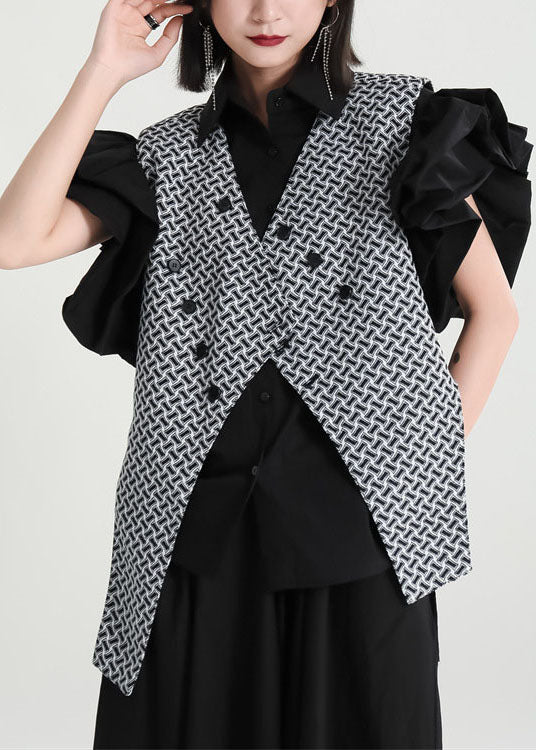 Art Black Asymmetrical Patchwork Spandex Vest Tops Petal Sleeve