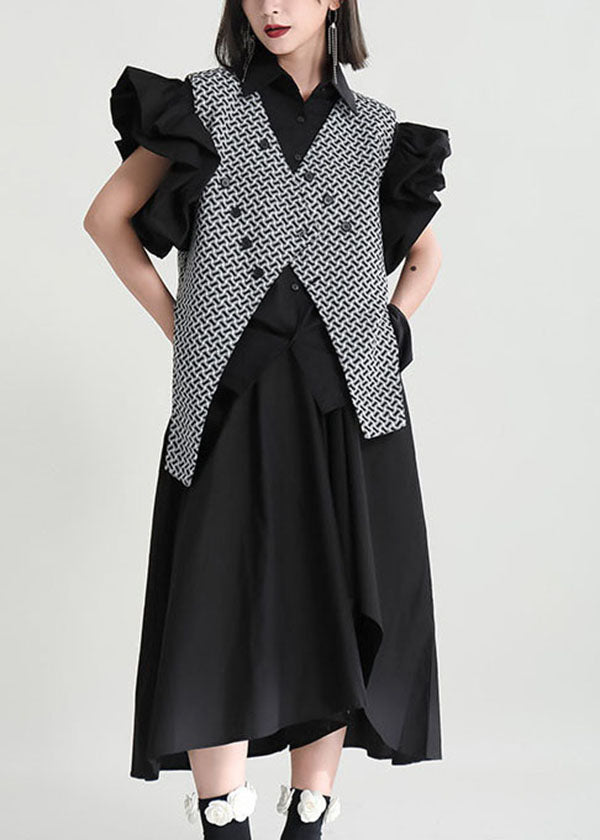 Art Black Asymmetrical Patchwork Spandex Vest Tops Petal Sleeve