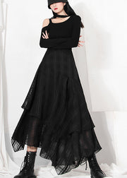 Art Black Asymmetrical Plaid Chiffon Skirt Spring
