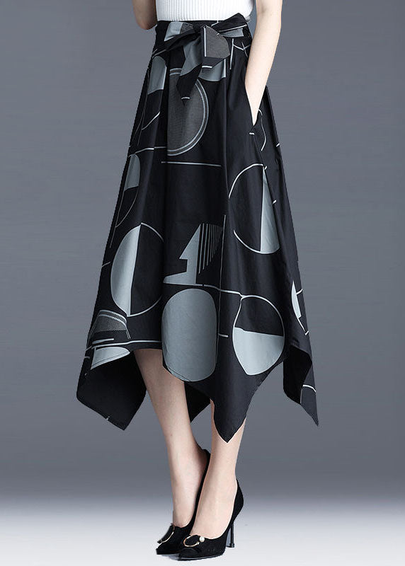 Art Black Asymmetrical Print Patchwork Bow Cotton Skirt Spring