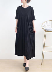 Art Black Cinched O-Neck Summer Cotton Dress - SooLinen