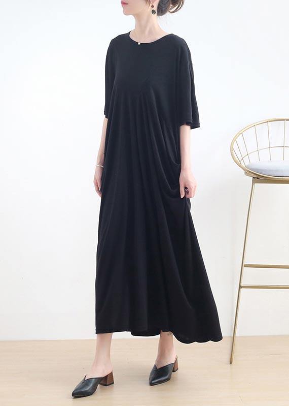 Art Black Cinched O-Neck Summer Cotton Dress - SooLinen