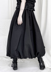 Art Black Elastic Waist Pockets Cotton Lantern Skirt Fall
