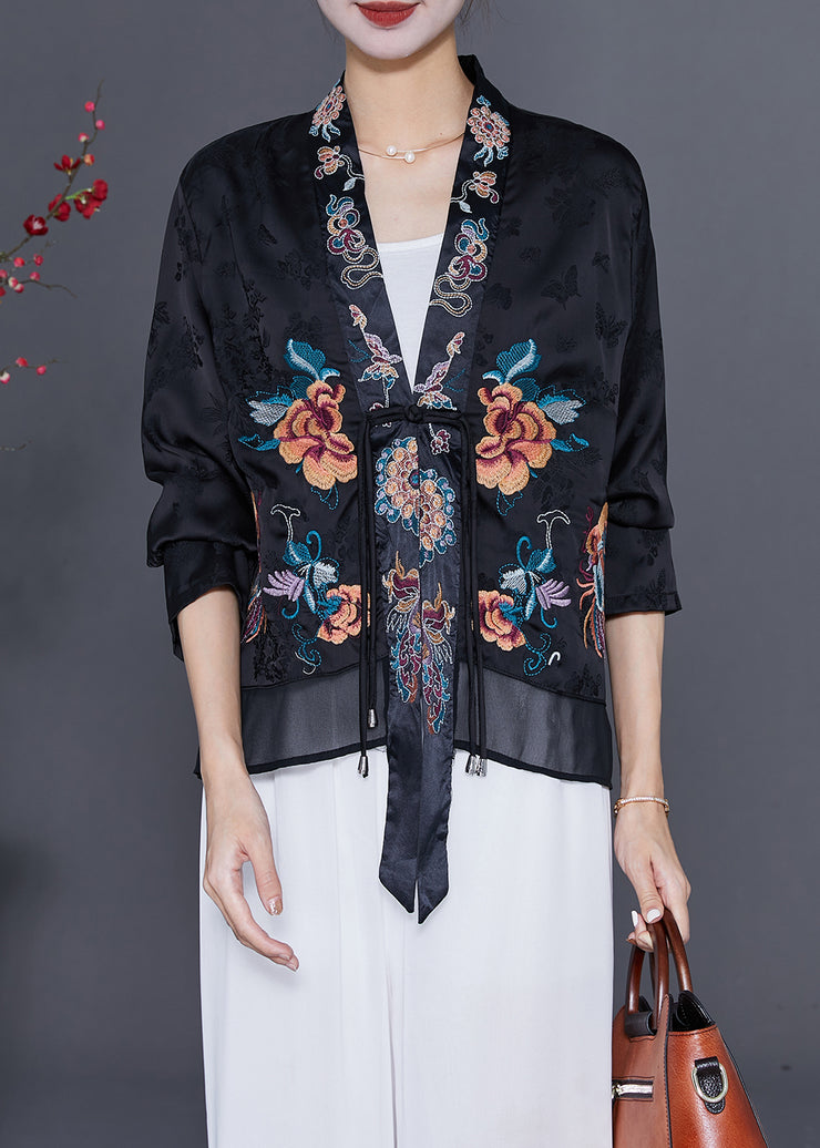 Art Black Embroidered Chinese Button Tassel Silk Cardigan Fall