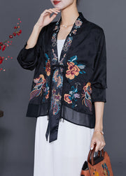 Art Black Embroidered Chinese Button Tassel Silk Cardigan Fall