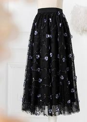 Art Black Embroidered Floral High Waist Tulle Pleated Skirts Spring
