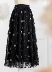 Art Black Embroidered Floral High Waist Tulle Pleated Skirts Spring