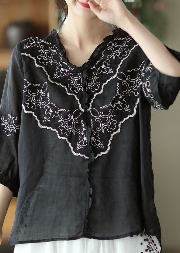 Art Black Embroidered Patchwork Linen Tops Summer