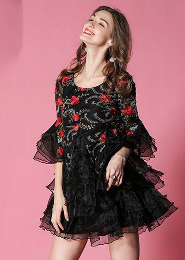 Art Black Embroidered Patchwork Organza Mini Dresses Flare Sleeve