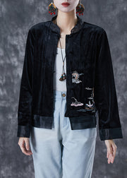 Art Black Embroidered Patchwork Silk Velour Jacket Fall