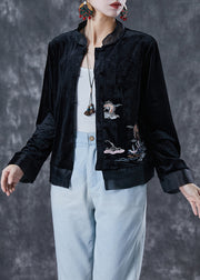 Art Black Embroidered Patchwork Silk Velour Jacket Fall