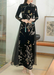 Art Black Embroidered Side Open Silk Velour Ankle Dress Spring