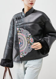 Art Black Embroidered Warm Fleece Faux Leather Coat Winter