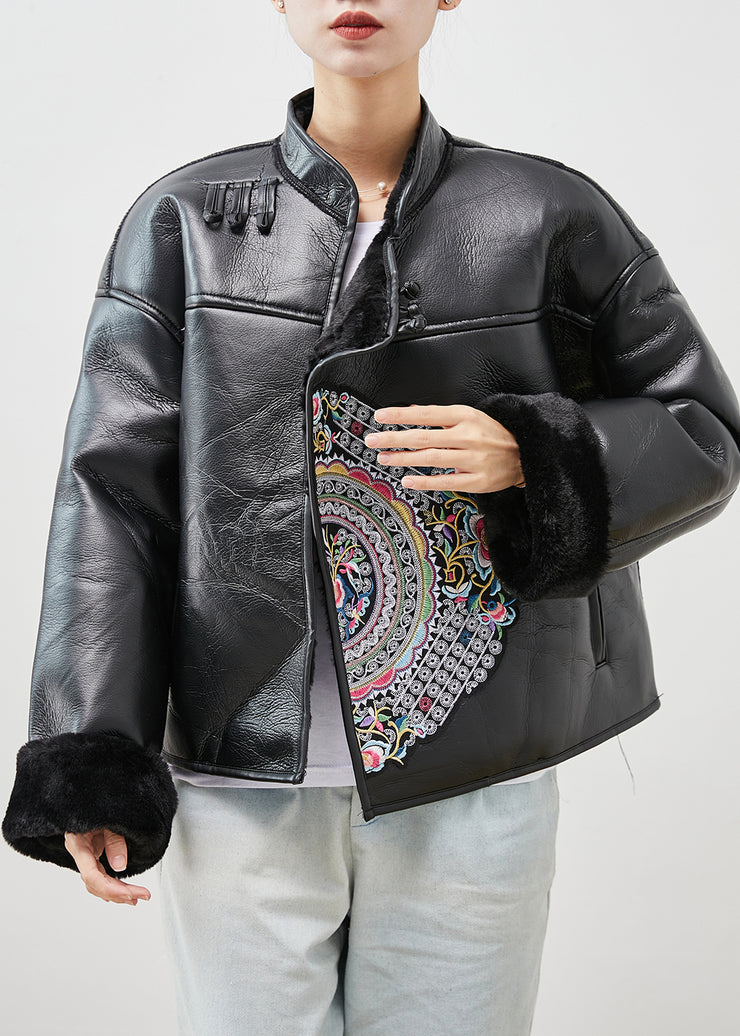 Art Black Embroidered Warm Fleece Faux Leather Coat Winter